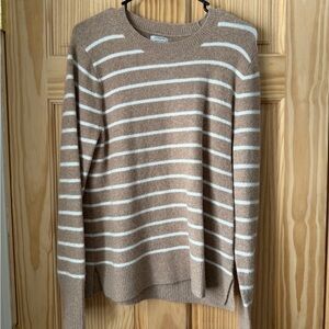 J. Crew Tan and White Striped Crewneck Sweater